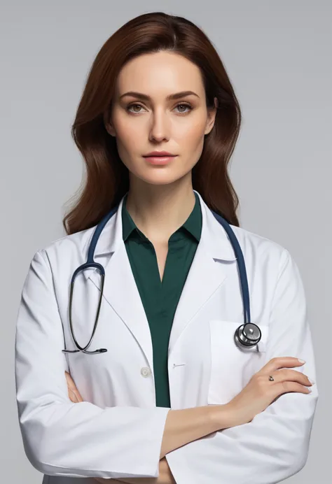 ultra realistic woman; ultra realistic main; in a white doctor&#39;s coat; lookin; slightly tanned skin ;ultra realistic ;is loc...