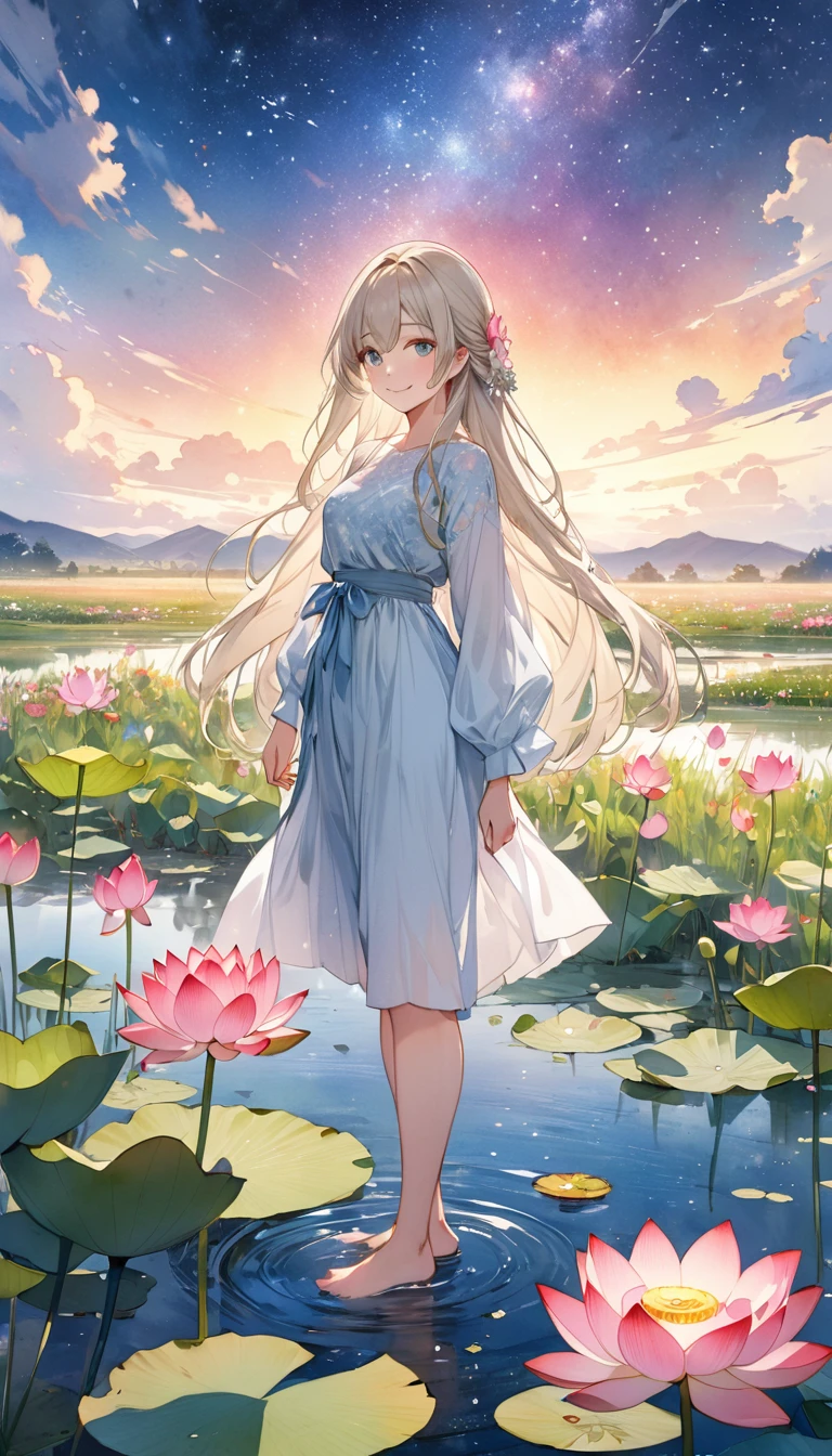 (4K,masterpiece,Highest quality), grassland,Starry Sky,Cloudy,There is a pond,Lotus,Wildflowers are in full bloom,Vibrant colors,Watercolor, A girl who dresses modestly, alone, Silver blonde long hair, smile, Are standing, barefoot,Illustration art,Anime Art,