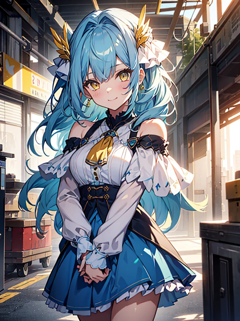 1 girl, solo, long light blue hair, yellow/golden eyes, wearing white ruffled off-the-shoulder blouse, a V-neckline, and an blue skirt. girl is giving cheerful pose