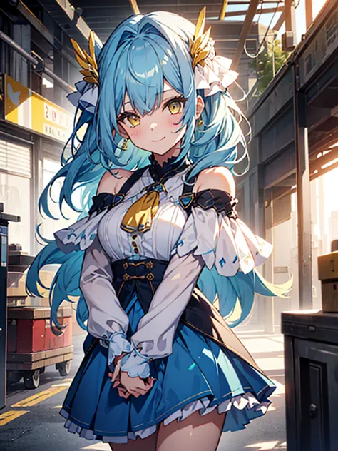 1 girl, solo, long light blue hair, yellow/golden eyes, wearing white ruffled off-the-shoulder blouse, a v-neckline, and an blue...