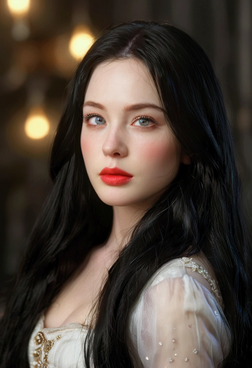 a beautiful young snow white princess, detailed portrait, face focus, red lips, long black hair, pale skin, rosy cheeks, fantasy, high quality, 8k, detailed, photorealistic, glamorous, elegant, intricate, dramatic lighting, moody, cinematic, glowing skin, volumetric lighting, depth of field, realistic portrait, exquisite details, flawless