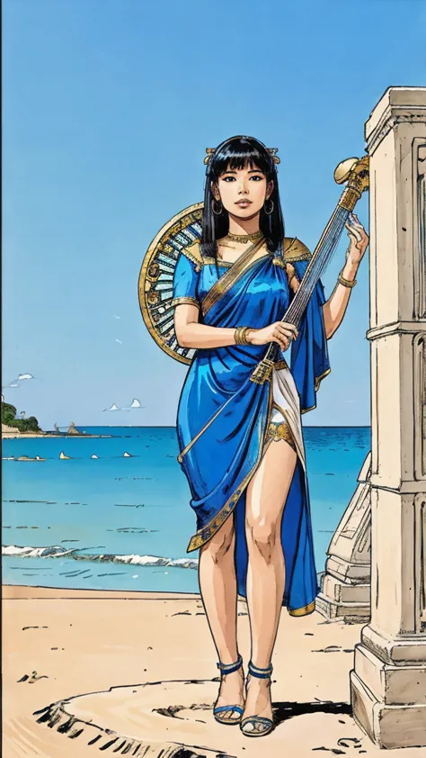 feminine asian women musician, cleopatra hairstyle, wearing feminine silk blue dress, playing harp, standing behind blue beach, ...