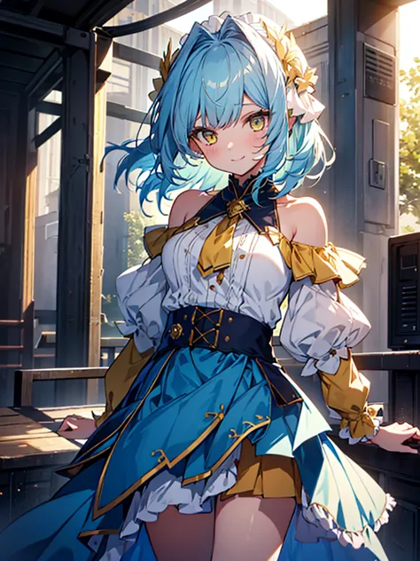 1 girl, solo, long light blue hair, yellow/golden eyes, wearing white ruffled off-the-shoulder blouse, a v-neckline, and an blue...