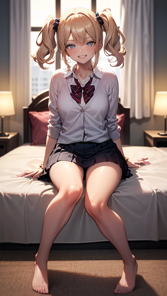 ((masterpiece、Highest quality、Very detailed))、one person、gyaru、blondes、twintails、blunt bangs、Grey Eyes、evil smile、((Sit on the bed、Leg spread、sexual temptation))、((lots of piercing))、Small chest chest、((White collared shirt))、((pink cardigan))、((Black pleated skirt))、((micro miniskirt))、Cowboy Shot、Classroom Background High Resolution, masterpiece, accurate, Anatomically correct, Winner of numerous awards, Highest quality, Damaged, High-resolution model, High detail, retina, Very detailed, Textured skin, Ultra high definition, movie light effect, movie, Movie shooting, clair obscur, Background blur, Everything detailed and exquisite、Complete human body、Correct human body、Perfect human body、Accurate human body、Detailed Background、Elaborate Background,
(((night:1.8, Desaturated lighting、Ambient lighting:1.3, A room with the lights off:1.8))),
(((Love hotel bed:1.8, sexual behavior、Love hotel bedルーム:1.8))), 

((Thin, sharp eyes:1.7, Huge breasts、Big cleavage、Licking your lips:1.6, Long eyelashes, Make a smile with your fingers:1.8, A seductive smile,))