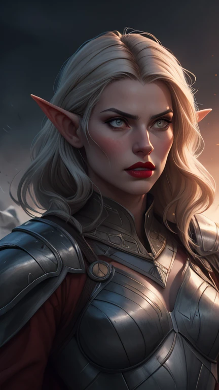 detailed portrait of a beautiful elven warrior woman, long flowing hair, cold fierce eyes, full red lips, elegant facial features, wearing intricate elven armor, holding a glowing magical sword, standing tall and proud on a battlefield, dramatic lighting, cinematic composition, fantasy art, digital painting, concept art, highly detailed, 8k, photorealistic