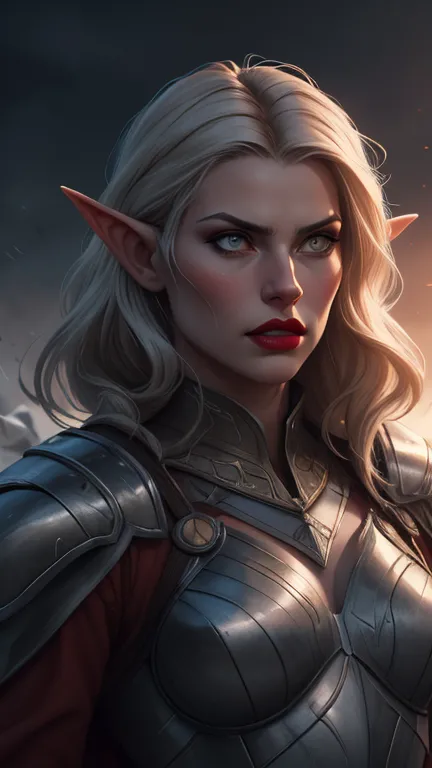 detailed portrait of a beautiful elven warrior woman, long flowing hair, cold fierce eyes, full red lips, elegant facial feature...