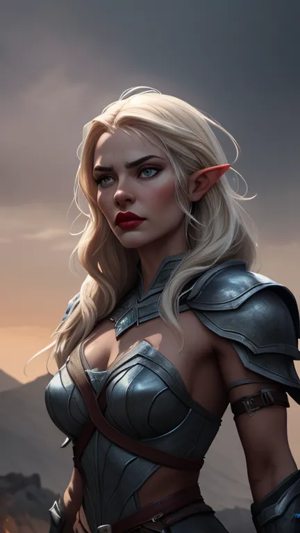 detailed portrait of a beautiful elven warrior woman, long flowing hair, cold fierce eyes, full red lips, elegant facial feature...