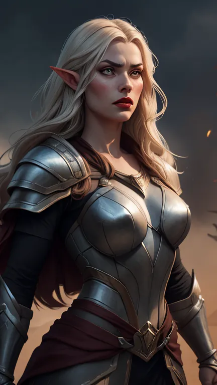 detailed portrait of a beautiful elven warrior woman, long flowing hair, cold fierce eyes, full red lips, elegant facial feature...