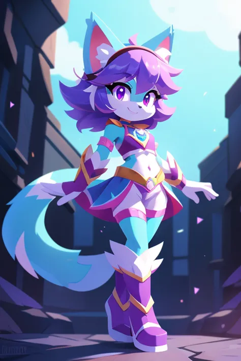 complete body, face perfect, cabelo roxo, star guardian, purple and cyan eyes, bright purple eyes, long eyelashes, cyan blue fur...