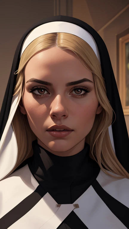 a beautiful woman with long blonde hair, brown eyes, tanned skin, large breasts, wearing a nun's habit, detailed portrait, high quality, realistic, photorealistic, masterpiece, 8k, hyper detailed, ultra-detailed, striking lighting, dramatic colors, cinematic composition, oil painting, digital art