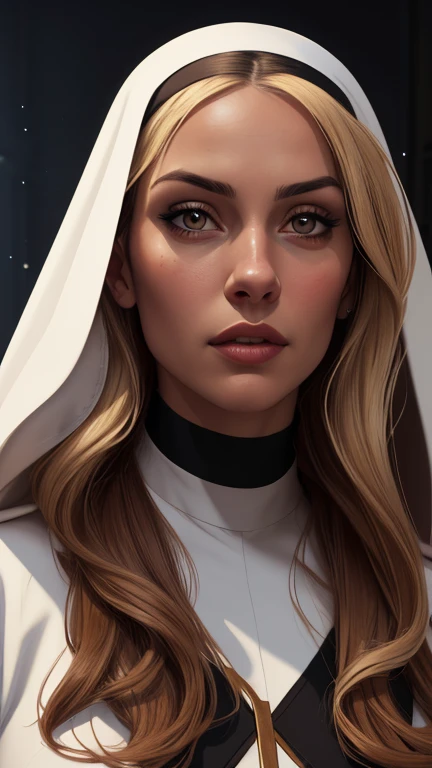 a beautiful woman with long blonde hair, brown eyes, tanned skin, large breasts, wearing a nun's habit, detailed portrait, high quality, realistic, photorealistic, masterpiece, 8k, hyper detailed, ultra-detailed, striking lighting, dramatic colors, cinematic composition, oil painting, digital art