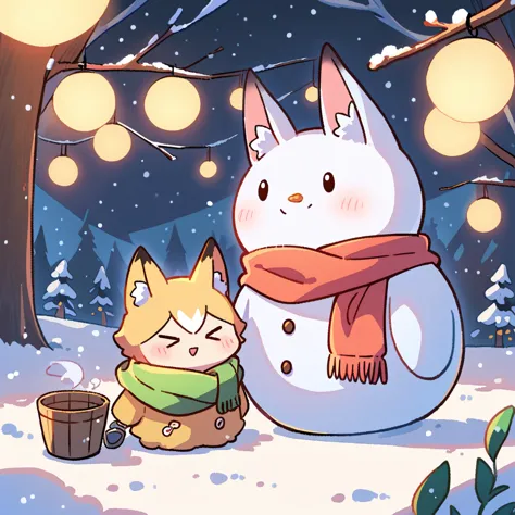 a snowman wearing a scarf and a bucket、fox kid