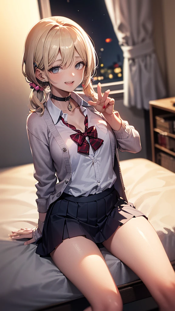 ((masterpiece、Highest quality、Very detailed))、one person、gyaru、blondes、twintails、blunt bangs、Grey Eyes、evil smile、((Sit on the bed、Leg spread、sexual temptation))、((lots of piercing))、Small chest chest、((White collared shirt))、((pink cardigan))、((Black pleated skirt))、((micro miniskirt))、Cowboy Shot、Classroom Background High Resolution, masterpiece, accurate, Anatomically correct, Winner of numerous awards, Highest quality, Damaged, High-resolution model, High detail, retina, Very detailed, Textured skin, Ultra high definition, movie light effect, movie, Movie shooting, clair obscur, Background blur, Everything detailed and exquisite、Complete human body、Correct human body、Perfect human body、Accurate human body、Detailed Background、Elaborate Background,
(((night:1.8, Desaturated lighting、Ambient lighting:1.3, A room with the lights off:1.8))),
(((コンビニのバックヤード:1.8))), 

((Thin, sharp eyes:1.7, Huge breasts、Big cleavage、Licking your lips:1.6, Long eyelashes, Make a smile with your fingers:1.8, A seductive smile,))