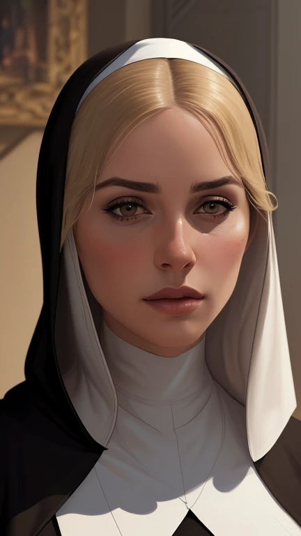 beautiful woman with long blonde hair,brown eyes,tanned skin,large breasts,wearing a nun's habit,detailed portrait,cinematic composition,dramatic colors,striking lighting,oil painting,digital art,(best quality,4k,8k,highres,masterpiece:1.2),ultra-detailed,(realistic,photorealistic,photo-realistic:1.37)