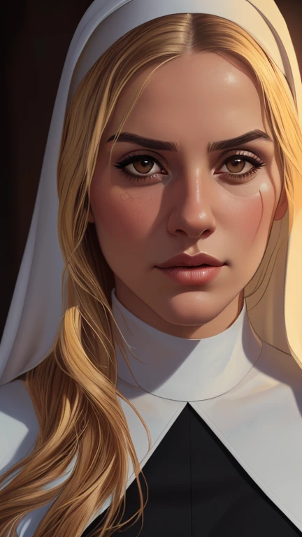 beautiful woman with long blonde hair,brown eyes,tanned skin,large breasts,wearing a nun's habit,detailed portrait,cinematic composition,dramatic colors,striking lighting,oil painting,digital art,(best quality,4k,8k,highres,masterpiece:1.2),ultra-detailed,(realistic,photorealistic,photo-realistic:1.37)