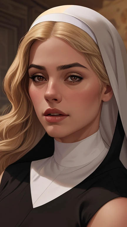 beautiful woman with long blonde hair,brown eyes,tanned skin,large breasts,wearing a nun's habit,detailed portrait,cinematic composition,dramatic colors,striking lighting,oil painting,digital art,(best quality,4k,8k,highres,masterpiece:1.2),ultra-detailed,(realistic,photorealistic,photo-realistic:1.37)