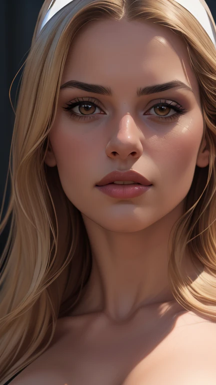 beautiful woman with long blonde hair,brown eyes,tanned skin,large breasts,wearing a nun's habit,detailed portrait,cinematic composition,dramatic colors,striking lighting,oil painting,digital art,(best quality,4k,8k,highres,masterpiece:1.2),ultra-detailed,(realistic,photorealistic,photo-realistic:1.37)