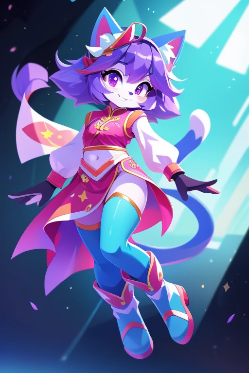 complete body, face perfect, cabelo roxo, Star Guardian, purple and cyan eyes, bright purple eyes, long eyelashes, cyan blue fur, cyan blue cat ears, ssmile doce,tummy,arms ,flegs ,waist,feet,boots casual adventurer outfit. purple and cyan hair, fake cat ears, light ssmile, ear flush,students shining, purple eyes, cyan eyes, ssmile, looking straight ahead, wide plan, 8k, best qualityer, High details, high resolution,Chinese clothing theme
