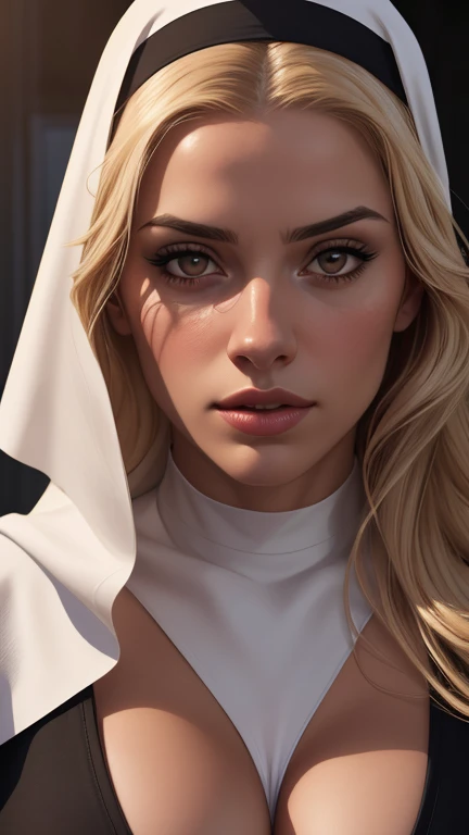 beautiful woman with long blonde hair, brown eyes, tanned skin, large breasts, wearing a nun's habit, detailed portrait, cinematic composition, dramatic colors, striking lighting, oil painting, digital art, (best quality,4k,8k,highres,masterpiece:1.2),ultra-detailed,(realistic,photorealistic,photo-realistic:1.37)