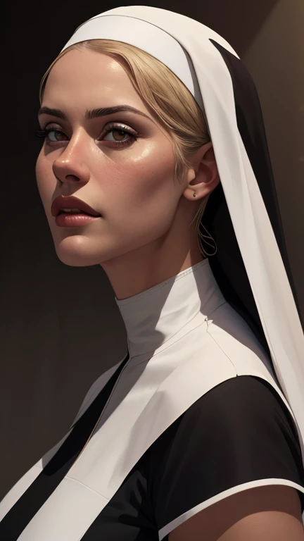 beautiful woman with long blonde hair, brown eyes, tanned skin, large breasts, wearing a nun's habit, detailed portrait, cinematic composition, dramatic colors, striking lighting, oil painting, digital art, (best quality,4k,8k,highres,masterpiece:1.2),ultra-detailed,(realistic,photorealistic,photo-realistic:1.37)