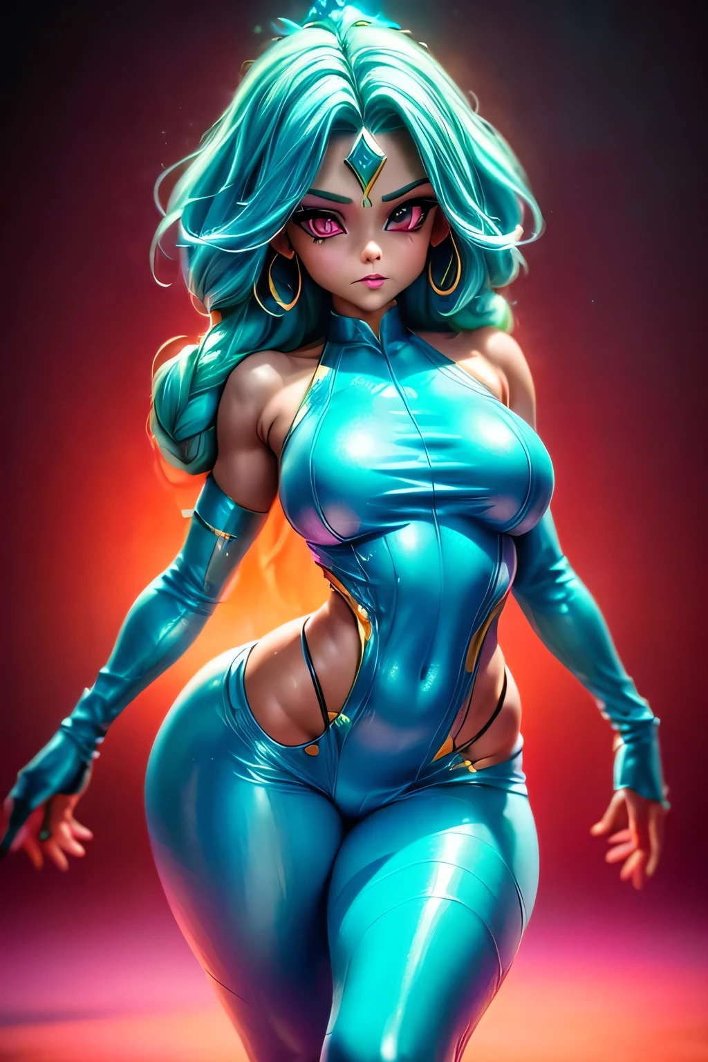 ((Best Quality)), ((Masterpiece)), (Detailed: 1.4), (Absurd),"A full-body depiction of Vikal from Dragon Ball, showcasing her graceful yet powerful physique. She has a slender, athletic build, with an imposing and elegant presence. Her face is sharp and serious, with high cheekbones, piercing red eyes, and long, flowing teal hair that cascades down her back, giving her an ethereal and otherworldly appearance. Vikal is dressed in a sleek, form-fitting battle suit, predominantly teal and gold, accentuating her figure and allowing for ease of movement. The suit features intricate gold patterns along her arms, legs, and torso, reminiscent of ancient armor, but with a futuristic twist. She wears a golden tiara on her forehead, and her shoulder pads are angular, giving her an authoritative appearance. Her gloves are long and metallic, matching her tall, armored boots, both designed The setting is set in an alien and otherworldly environment with floating islands and a stormy sky filled with purples and blues, highlighting her mystical and dangerous aura, as she prepares to unleash her energy in battle., by mucha, niji --V5, almost real, sexy pose, fractal background, pastel, centered, scale to fit dimensions, HDR (High Dynamic Range), Ray Tracing, NVIDIA RTX, Super Resolution, Unreal 5, Subsurface Scattering, PBR Texture, Post-processing, anisotropic filtering, depth of field, maximum clarity and sharpness, multi-layer textures, albedo and specular maps, surface shading, accurate simulation of light-material interaction, perfect aspect ratio, octane rendering, two-tone lighting, wide aperture, low ISO, white balance, rule of thirds, 8K RAW, Crysisnanosuit