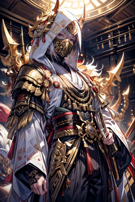 a highly detailed masterpiece, 1 boy, male, intricate details, golden oni mask, white hood, golden obi, weapons on back, white j...