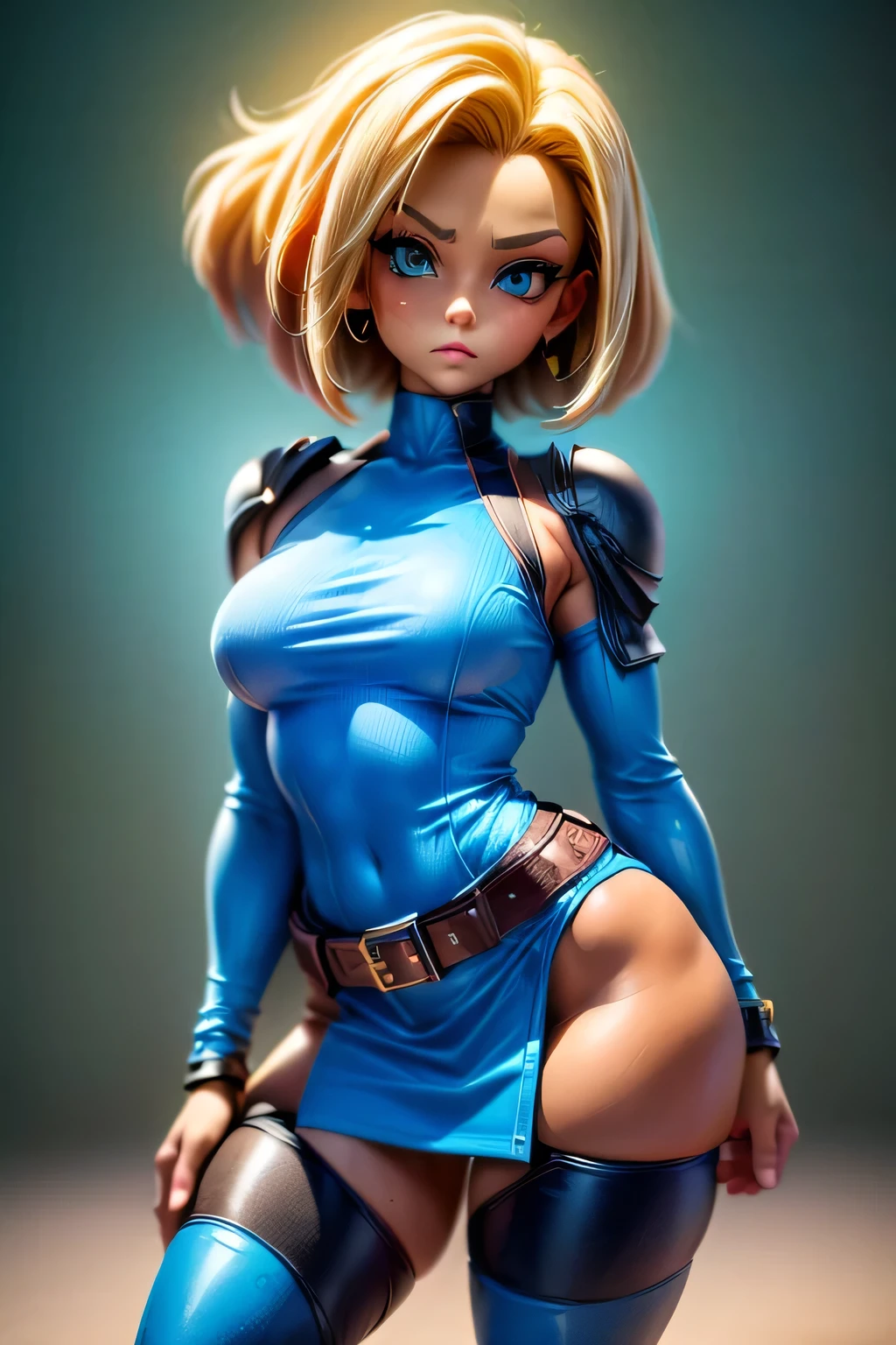 ((Best Quality)), ((Masterpiece)), (Detailed: 1.4), (Absurd),"A full-body depiction of Android 18 from Dragon Ball, capturing her calm and confident demeanor. She has a slender yet athletic build, standing tall with an air of calm and quiet strength. Her facial features are sharp and striking, with icy blue eyes, shoulder-length blonde hair styled in a straight cut, and a serious expression that radiates Android 18 wears her iconic outfit, consisting of a long-sleeved black shirt underneath a blue denim vest with a matching denim skirt. The vest has vertical white stripes, adding a touch of style to her combat-ready appearance. She also has a brown belt with a large silver buckle around her waist and black tights that complement her tall brown boots. Her hands are covered in black bracelets, giving her an elegant look She stands in a post-battle rocky landscape setting, with smoke rising from the ground, showing her as a formidable fighter in a calm and battle-ready environment., by mucha, niji --V5, almost real, sexy pose, fractal background, pastel, centered, scale to fit dimensions, HDR (High Dynamic Range), Ray Tracing, NVIDIA RTX, Super Resolution, Unreal 5, Subsurface Scattering, PBR Texture, Post-processing, anisotropic filtering, depth of field, maximum clarity and sharpness, multi-layer textures, albedo and specular maps, surface shading, accurate simulation of light-material interaction, perfect proportions, octane rendering, two-tone lighting, wide aperture, low ISO, white balance, rule of thirds, 8K RAW, Crysisnanosuit