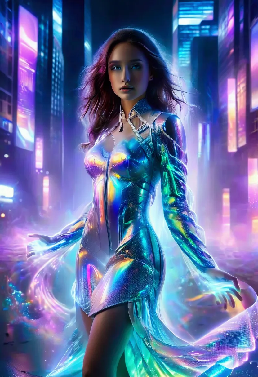 a stunning futuristic portrait of a 1 sissygirl dressed in a captivating nano-dress that reveals her figure. the sheer, iridesce...