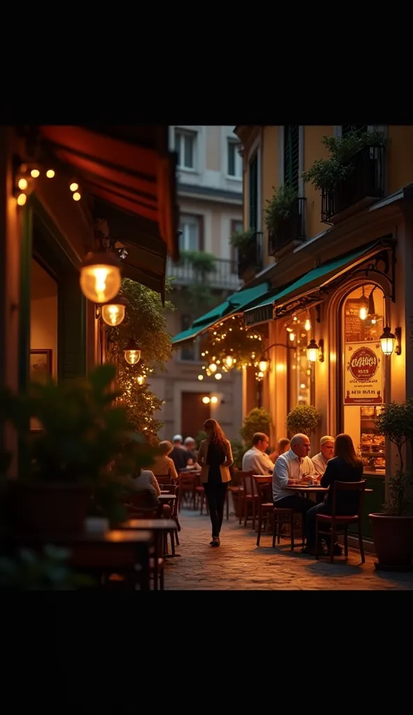 fotografía de una fachada de una coffee shop italiana en Roma, mesas fuera del la coffee shop con mesas y sillas, with many people, drinking coffee and eating sweet things, Poster of ""coffee shop"", very detailed is sunset, sunset colors, lighting fairy lights as decoration, beautiful decoration, decorative plants, busy street, cinematic lighting, masterpiece, HD, 8K photo realistic, hyper detailed the best photography