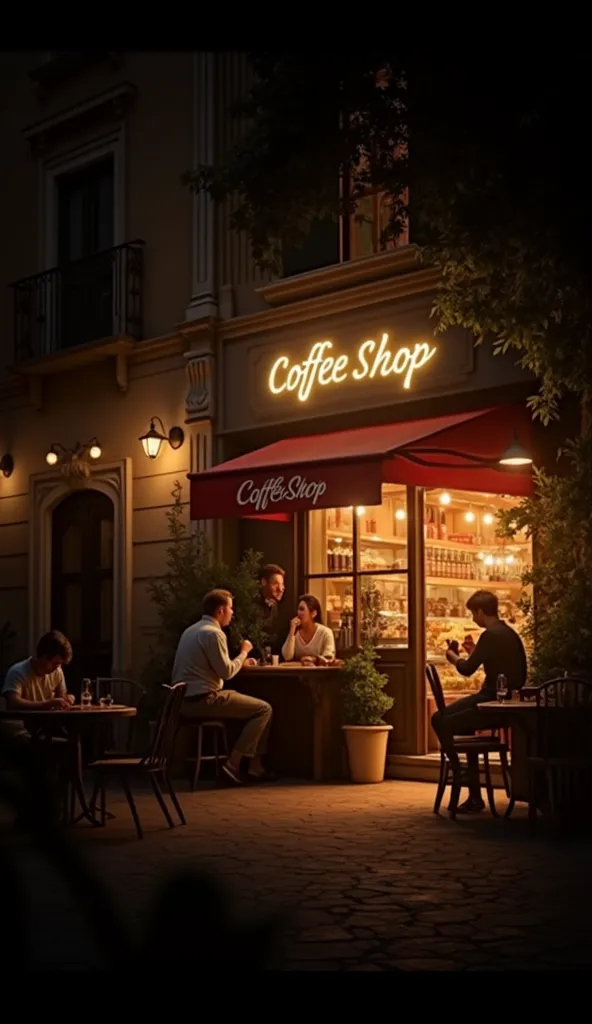 fotografía de una fachada de una coffee shop italiana en Roma, mesas fuera del la coffee shop con mesas y sillas, with many people, drinking coffee and eating sweet things, Poster of ""coffee shop"", very detailed is sunset, sunset colors, lighting fairy lights as decoration, beautiful decoration, decorative plants, busy street, cinematic lighting, masterpiece, HD, 8K photo realistic, hyper detailed the best photography