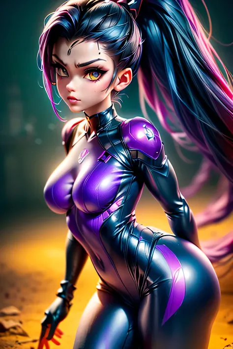 ((best quality)), ((masterpiece)), (detailed: 1.4), (absurd), full-body depiction of widowmaker from overwatch. she has a slende...