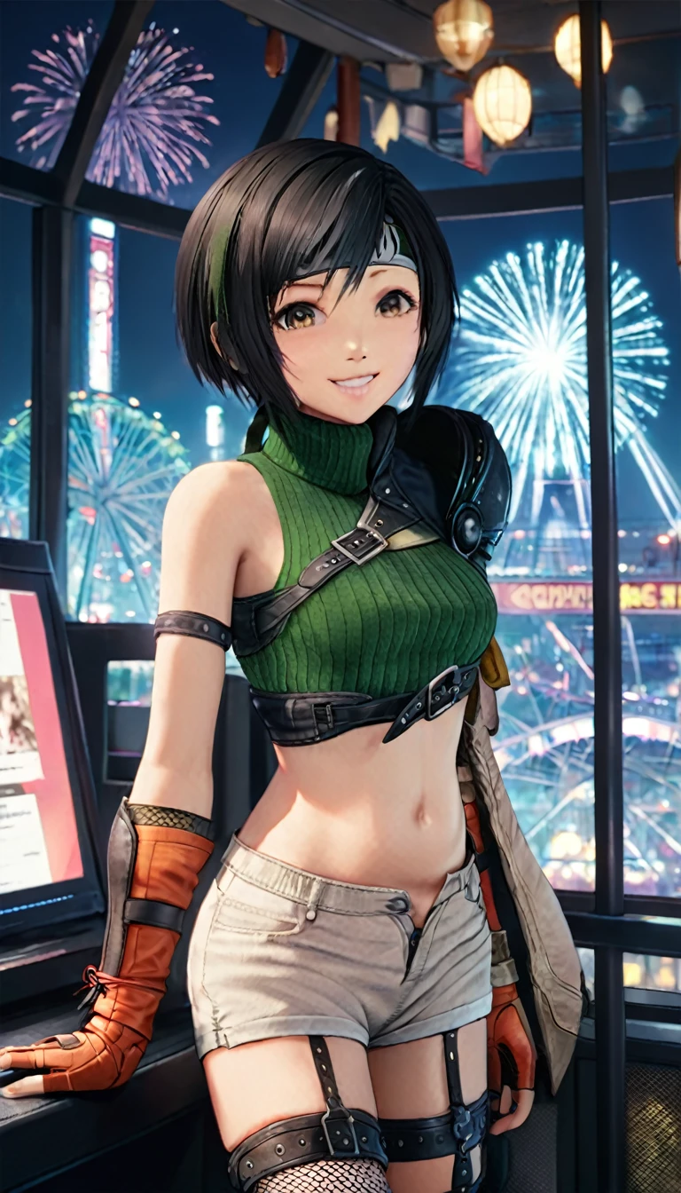 
(fireworkが打ち上がる)、(On the Ferris wheel at night)、(grin)、yuffie kisaragi, a distinctive character from the game world of Final Fantasy, 前かがみになって、顔を近づける、((下からのアングル:1.5)), 赤い頬、known for her black hair and brown eyes. She sports a short pixie cut and is dressed in a crop top, fingerless gloves, fishnet stockings and a forehead protector. Her style is unique with sleeveless turtlenecks and short shorts that expose her belly button. (チラッと見える赤いパンティ)、A headband completes her outfit, while single thigh-high socks and gloves complement her sleeves. Her look is completed with a sleeveless turtleneck and thigh highs. The depiction of Yuffie is presented as a masterpiece of the highest quality in an exceptionally high resolution of 8K. Her eyes are particularly highlighted, with beautiful, detailed features that enhance her hyper-realistic appearance. Both her face and body are extremely detailed, with every facet of her anatomy carefully crafted, including perfect hands and anatomy. The scene shows Yuffie in a typical cowboy shot, looking directly at the viewer. The image is placed indoors, with the lighting perfectly adjusted to bring out its details to the fullest. The overall presentation of the image is an homage to the character and his defining features, brought to life through the illustration in stunning quality and detail, kissing, (covered nipples), thighs, (On the Ferris wheel at night)、(firework)、