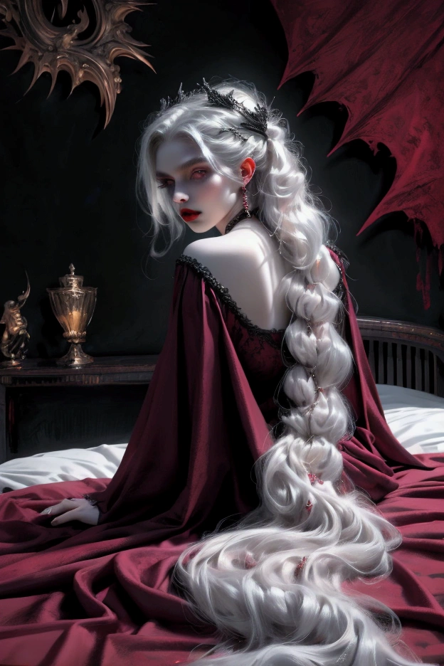 (beautiful vampire woman, pale skin, very long white hair, red eyes, black gown, black victorian dress, piercing look, red lipstick, laying on the bed, backwards, looking back, 4k, 8k, highres, masterpiece:1.2, ultra-detailed, realistic, photorealistic:1.37, HDR, UHD, studio lighting, ultra-fine painting, sharp focus, physically-based rendering, extreme detail description, professional, vivid colors, bokeh, portraits)