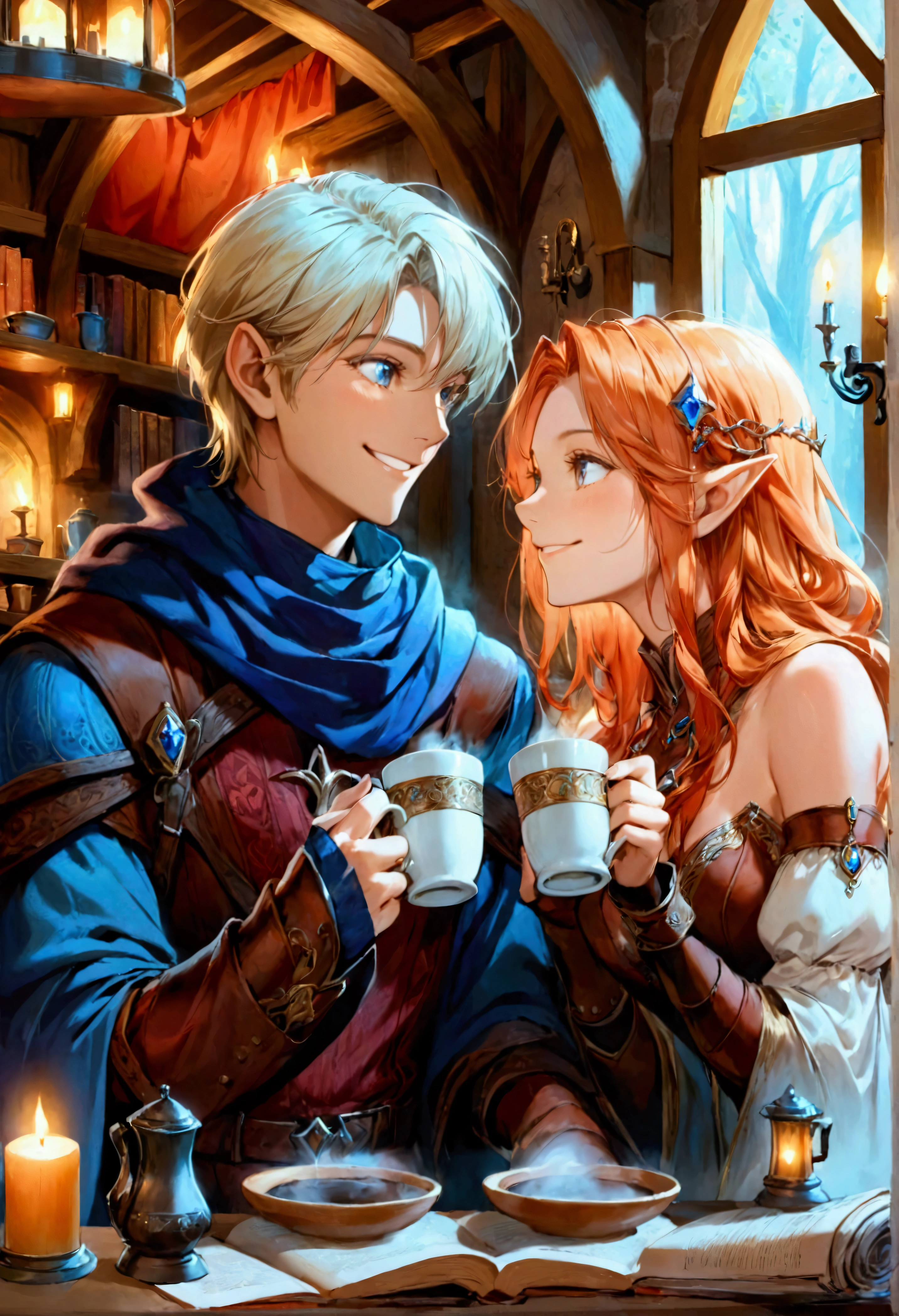 An award-winning high-fidelity anime fantasy image, capturing a cozy, medieval-themed coffee shop where a blonde elven priest and a red-haired elven rogue share a moment of lighthearted laughter over steaming cups of coffee. The shop’s interior radiates warmth, with stone walls and wooden beams bathed in the soft glow of enchanted lanterns. Rich tapestries depicting mythical creatures hang from the walls, and the tables are adorned with magical trinkets and ancient scrolls, infusing the space with a mystical, medieval atmosphere.

The blonde elven priest, in elegant robes adorned with glowing runes, smiles warmly as she holds her cup, the steam rising gently. Across from her, the red-haired elven rogue, wearing light leather armor, leans back with a mischievous grin, clearly enjoying the lighthearted moment. Their laughter, caught mid-conversation, adds a lively energy to the serene setting.

Through large, arched windows, a distant fantasy kingdom with towering castles can be seen under a starry sky. Subtle God Rays stream through the evening clouds, casting a soft ethereal glow into the room. The flickering hearth provides warm light, blending seamlessly with the cool night outside, creating a perfect balance of comfort and magic.

The décor, with mystical symbols etched into the walls and enchanted relics on shelves, enhances the fantasy vibe. A Tyndall effect from the lantern light adds depth, while a gentle bloom effect and specular highlights catch on the wooden surfaces and rising steam, giving the scene a magical realism that captures the joy and enchantment of this shared moment between two elven companions.