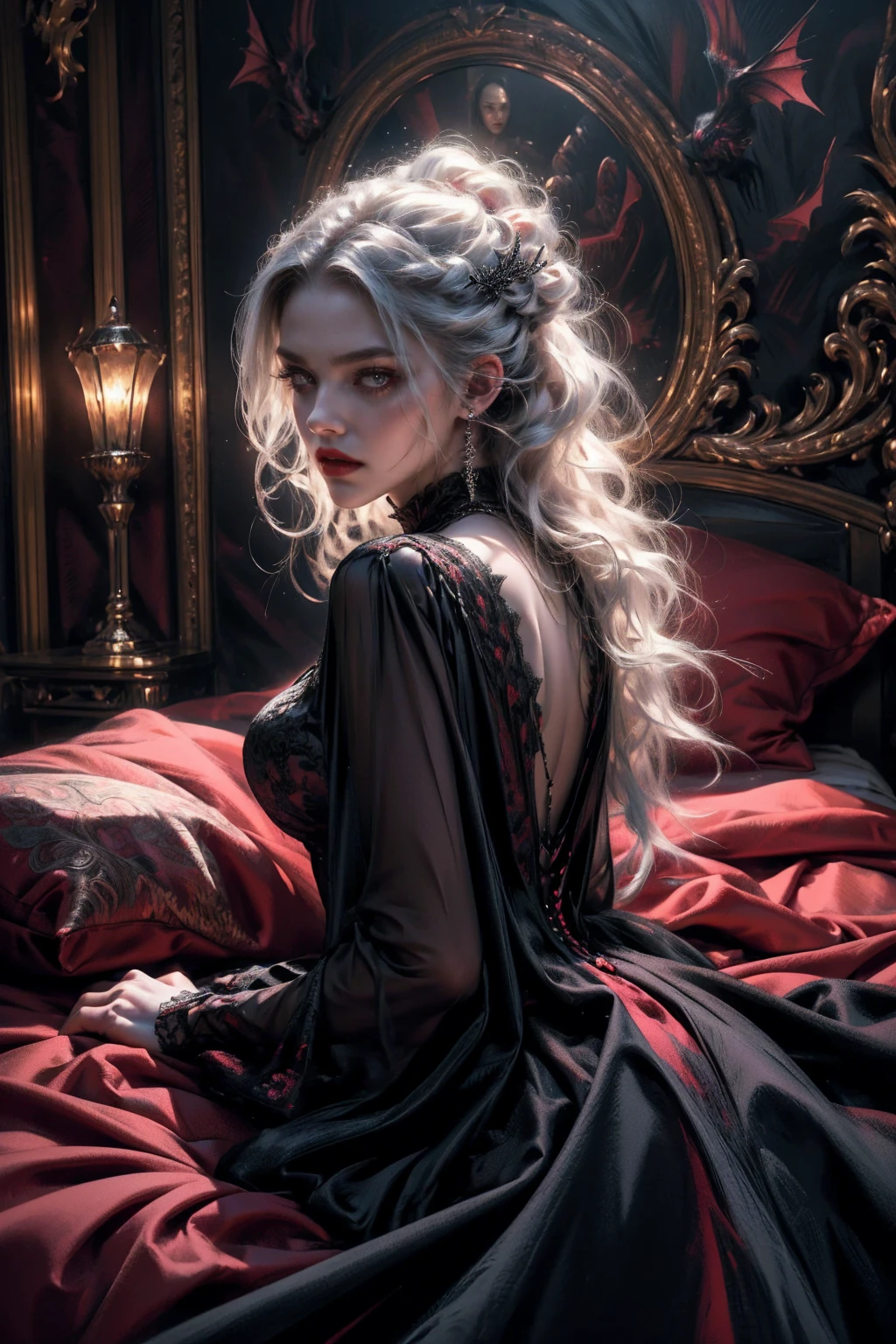 (beautiful vampire woman, pale skin, very long white hair, (red eyes), black gown, black victorian dress, piercing look, red lipstick, laying on the bed, 4k, 8k, highres, masterpiece:1.2, ultra-detailed, realistic, photorealistic:1.37, HDR, UHD, studio lighting, ultra-fine painting, sharp focus, physically-based rendering, extreme detail description, professional, vivid colors, bokeh, portraits)