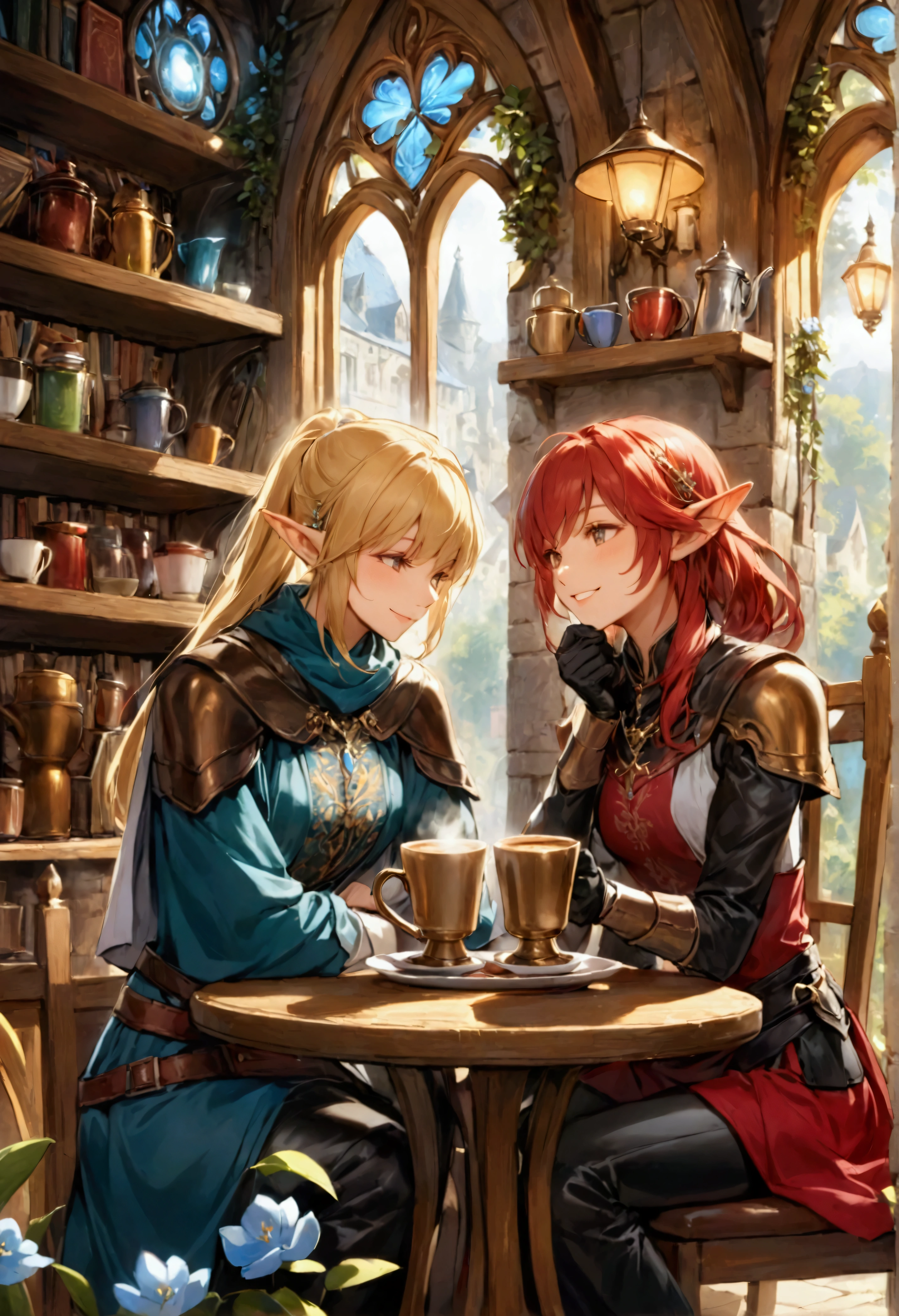 An award-winning high-fidelity anime fantasy image, capturing a cozy, medieval-themed coffee shop where a blonde elven priest and a red-haired elven rogue share a moment of lighthearted laughter over steaming cups of coffee. The shop’s interior radiates warmth, with stone walls and wooden beams bathed in the soft glow of enchanted lanterns. Rich tapestries depicting mythical creatures hang from the walls, and the tables are adorned with magical trinkets and ancient scrolls, infusing the space with a mystical, medieval atmosphere.

The blonde elven priest, in elegant robes adorned with glowing runes, smiles warmly as she holds her cup, the steam rising gently. Across from her, the red-haired elven rogue, wearing light leather armor, leans back with a mischievous grin, clearly enjoying the lighthearted moment. Their laughter, caught mid-conversation, adds a lively energy to the serene setting.

Through large, arched windows, a distant fantasy kingdom with towering castles can be seen under a starry sky. Subtle God Rays stream through the evening clouds, casting a soft ethereal glow into the room. The flickering hearth provides warm light, blending seamlessly with the cool night outside, creating a perfect balance of comfort and magic.

The décor, with mystical symbols etched into the walls and enchanted relics on shelves, enhances the fantasy vibe. A Tyndall effect from the lantern light adds depth, while a gentle bloom effect and specular highlights catch on the wooden surfaces and rising steam, giving the scene a magical realism that captures the joy and enchantment of this shared moment between two elven companions.