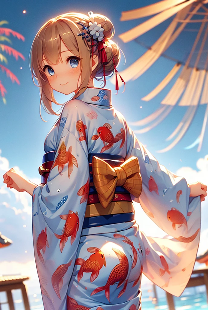 female, glad, smiling, standing, looking away, looking up, hair bun, shiny hair, blonde, blue eyes, fair skin, shiny skin, slender, yukata, adult, in the Japanese festival, with fireworks, at night, anime, cowboy shot, back shot, dutch angle shot, cowboy shot, moonlight, depth of field,