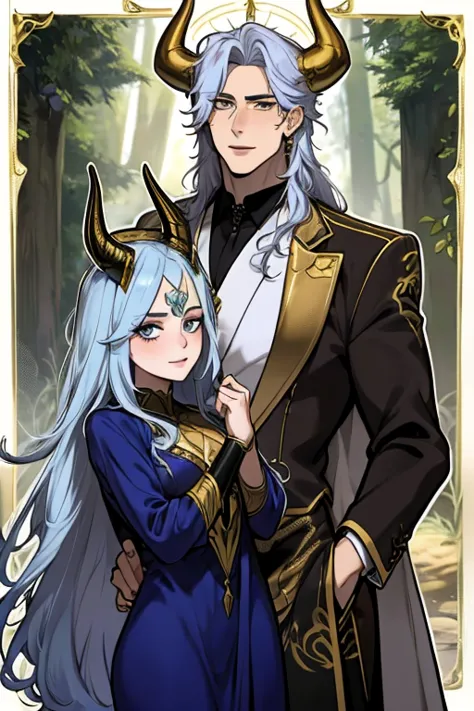 one man. one woman. perfect faces. perfect hands. a young silver haired man with gold eyes and gold horns in a fancy suit is pos...