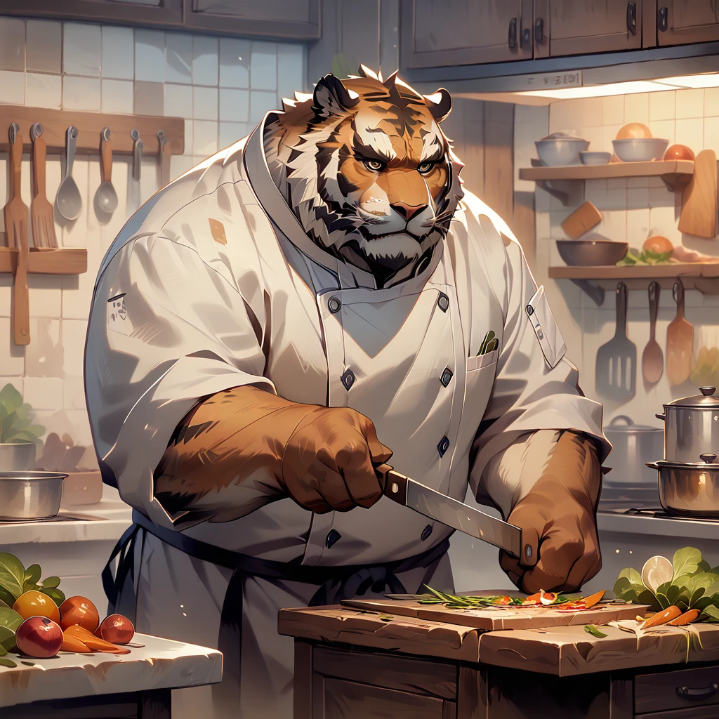 ((whole body)), (Chef), ((plump middle-aged tiger man)), standing, chopping vegetables, (brown eyes), beautiful beard, (male face), (big face:0.6), square jawline, (Male Eyes:1.2), (sharp eyes:0.8), (big eyes:0.5), male eyebrows, (innocent look:0.5), fluffy body, BREAK kitchen, highly detailed,