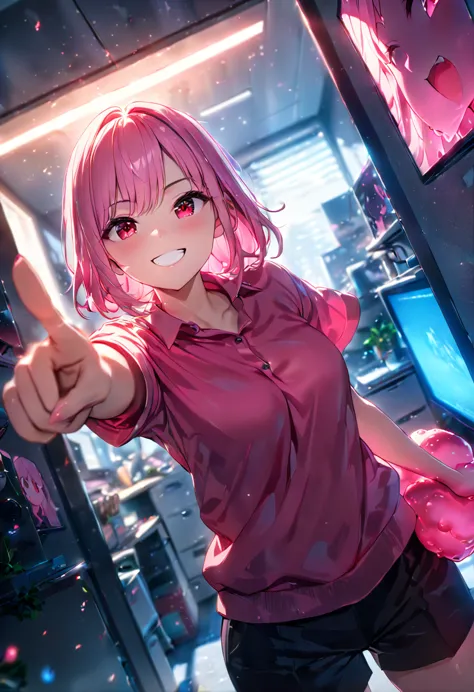 illustration, anime, pink slime girl, bubbly grin, pointing at viewer, monster girl 1girl, cinematic lighting, masterpiece, offi...