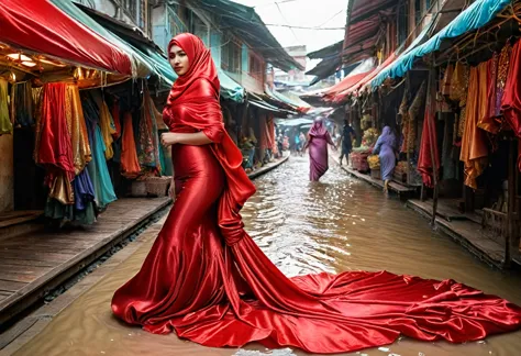 a woman shrouded in a 9-meter-long, plush red satin cloth, tightly bound and grandly draping along the form of her body, flowing...