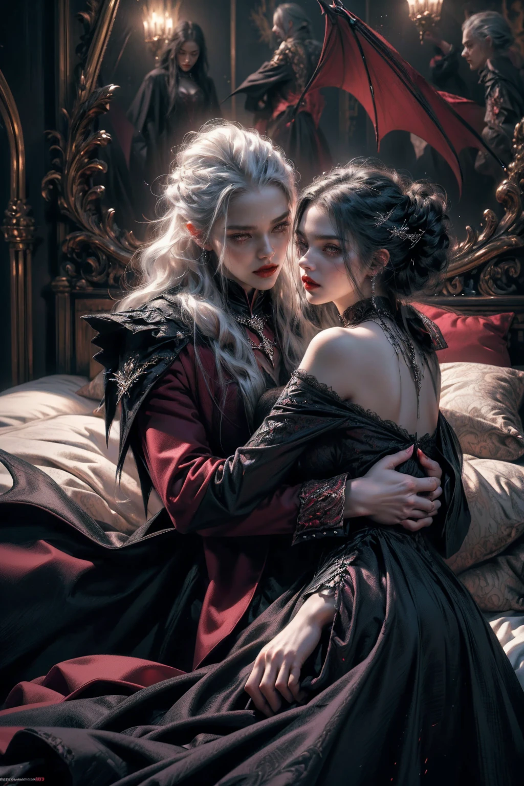 (beautiful vampire woman, pale skin, very long white hair, (red eyes), black gown, black victorian dress, piercing look, red lipstick, laying on the bed, hug a vampire man, 4k, 8k, highres, masterpiece:1.2, ultra-detailed, realistic, photorealistic:1.37, HDR, UHD, studio lighting, ultra-fine painting, sharp focus, physically-based rendering, extreme detail description, professional, vivid colors, bokeh, portraits)