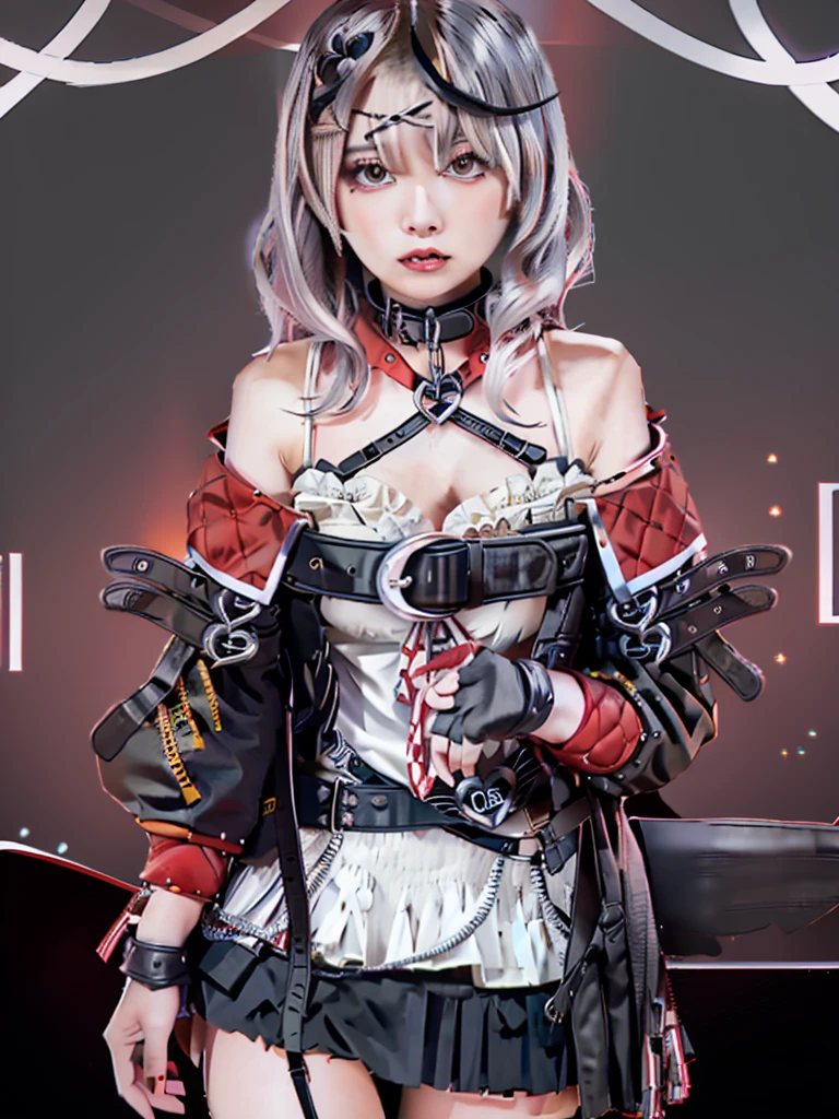 One girl、solo、Red eyes、Sakamata Chloe、Garter Strap、Fingerless gloves、Torn knee socks、Grey Hair、Multicolored Hair、Checkered Skirt、chestの谷間、X-shaped hair ornament、Red Skirt、Black collar、White camisole、chest、Braid、Black Belt、Medium Hair、Black jacket