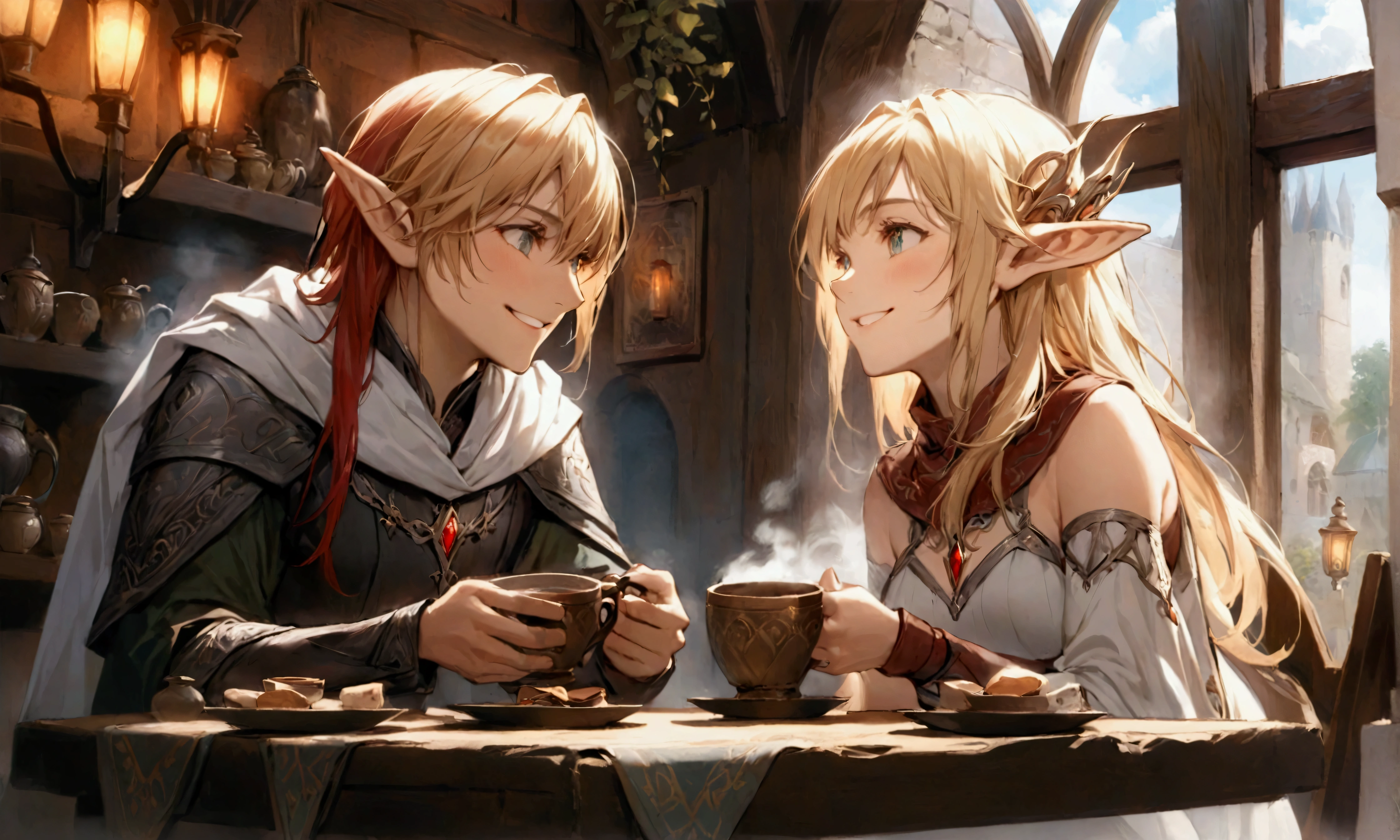 An award-winning high-fidelity anime fantasy image, capturing a cozy, medieval-themed coffee shop where a blonde elven priest and a red-haired elven rogue share a moment of lighthearted laughter over steaming cups of coffee. The shop’s interior radiates warmth, with stone walls and wooden beams bathed in the soft glow of enchanted lanterns. Rich tapestries depicting mythical creatures hang from the walls, and the tables are adorned with magical trinkets and ancient scrolls, infusing the space with a mystical, medieval atmosphere.

The blonde elven priest, in elegant robes adorned with glowing runes, smiles warmly as she holds her cup, the steam rising gently. Across from her, the red-haired elven rogue, wearing light leather armor, leans back with a mischievous grin, clearly enjoying the lighthearted moment. Their laughter, caught mid-conversation, adds a lively energy to the serene setting.

Through large, arched windows, a distant fantasy kingdom with towering castles can be seen under a starry sky. Subtle God Rays stream through the evening clouds, casting a soft ethereal glow into the room. The flickering hearth provides warm light, blending seamlessly with the cool night outside, creating a perfect balance of comfort and magic.

The décor, with mystical symbols etched into the walls and enchanted relics on shelves, enhances the fantasy vibe. A Tyndall effect from the lantern light adds depth, while a gentle bloom effect and specular highlights catch on the wooden surfaces and rising steam, giving the scene a magical realism that captures the joy and enchantment of this shared moment between two elven companions.