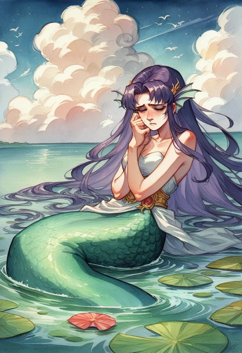 a mermaid ,sad expressive , very long hair lagoon color ,armed with a bow, in the center of a lake, twilight god ray in the clouds in background, detail richness, masterpiece, best quality , watercolor painting, Major Arcana Tarot Card style