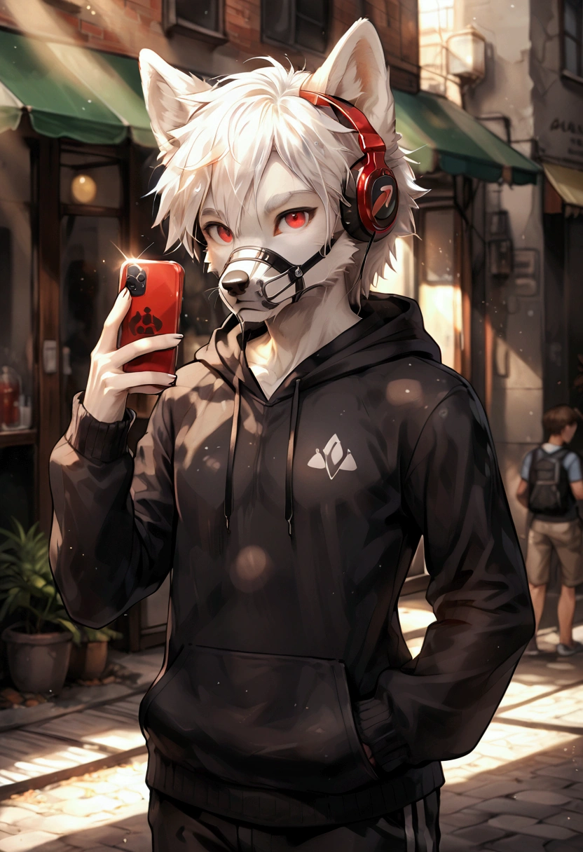 furry, wolf boy, humanoid male wolf, adorable, short white hair, red eyes, soft fur, wearing a muzzle, slim figure, slightly skinny, wearing a black hoodie, wearing headphones, wearing a muzzle, holding smartphone, full body, sunlight, front view, panoramic, looking at viewer, (detailed background, amazing background), drinking water
