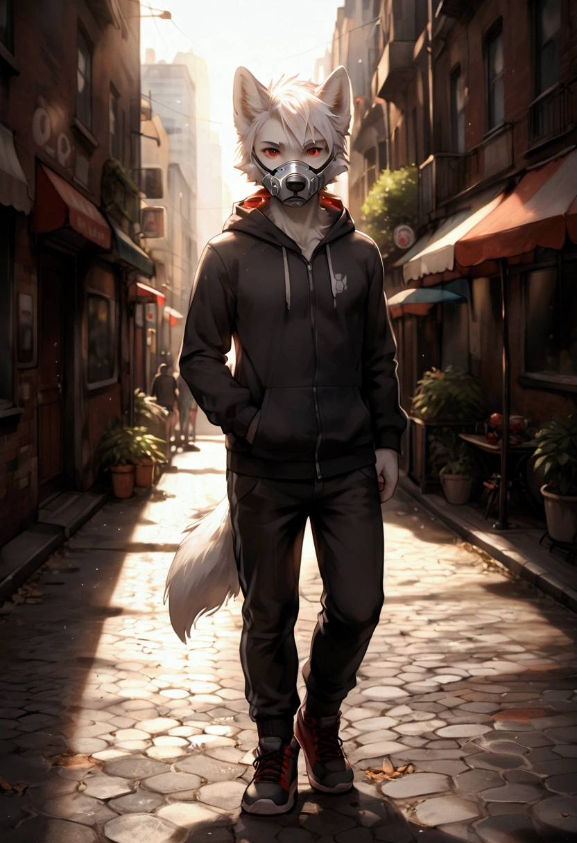 furry, wolf boy, humanoid male wolf, adorable, short white hair, red eyes, soft fur, wearing a muzzle, slim figure, slightly skinny, wearing a black hoodie, wearing a muzzle, holding a smartphone illustration, full body, sunlight, front view, panorama, looking at viewer, (detailed background, amazing background), walking on the city