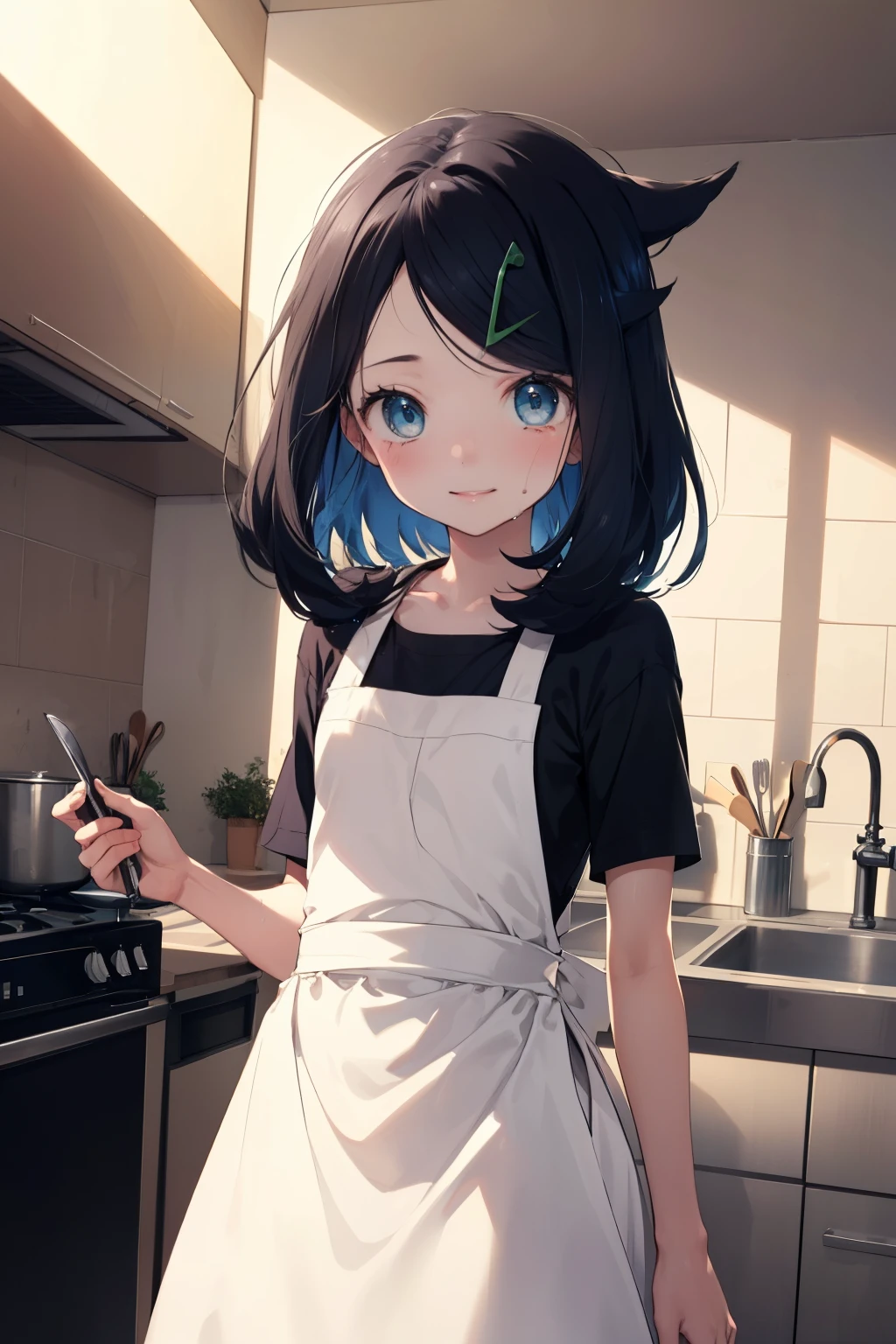 adult apron, Newly Married, Love love, (masterpiece, Highest quality, 8K ultra-high resolution:1.4), 14yo, kawaii Pokemon RikoFlash photography, Backlight, (The best smile:1.4), Knife, Written boundary depth, Dramatic portrayal, (Kitchen Background), Focus of the film, , Emotional composition, Emotional engine full throttle BREAK Young and cute, Slender body, Flat Chest, Highly detailed glossy skin,Sweat,  Perfect Pokemon Riko,
ultra detailed crystal eyes, Eyes like shining jewels