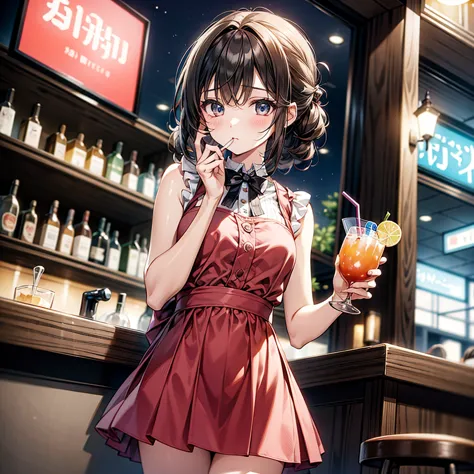 stylish bar、cute hairstyle（random）、cute outfits（random）、a girl drinking a cocktail、illumination