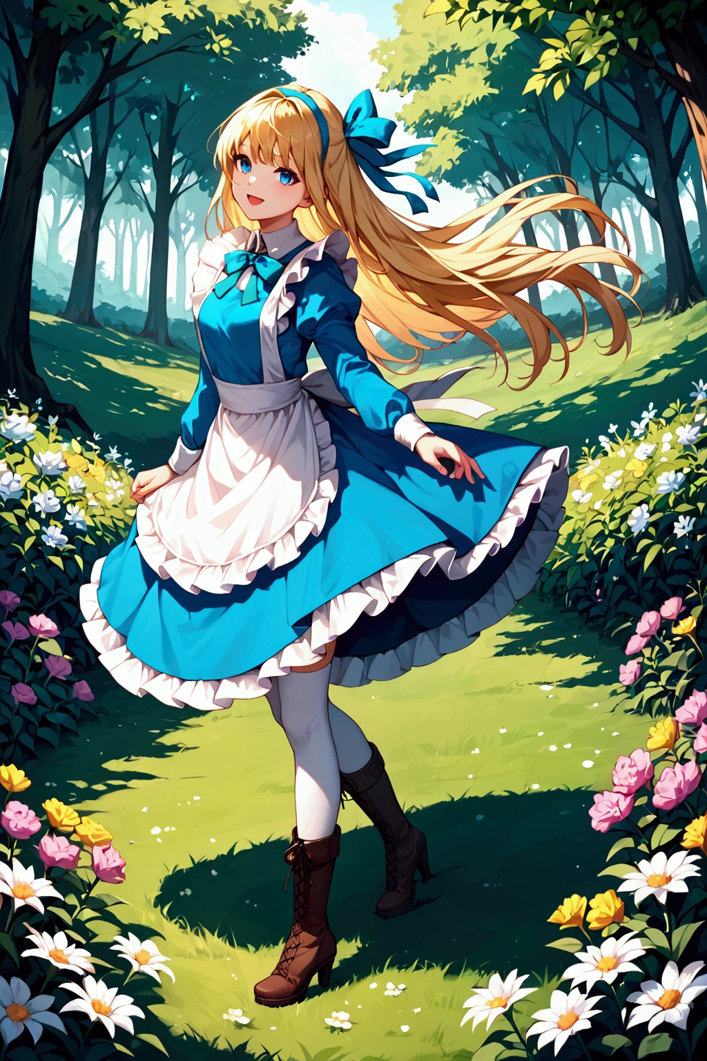 score_9, score_8_up, score_7_up, (masterpiece:1.2), (best quality:1.2), 1girl, solo, blonde hair, long hair, bangs, blue eyes, smile, faint lips, open mouth, alice in wonderland, aqua dress, frilled dress, apron dress, aqua ribbon, long sleeves, aqua head ribbon, white thighhighs, vertical-striped thighhighs, leg ribbon, brown boots, high heel boots, frilled boots, outdoors, flower, many flowers